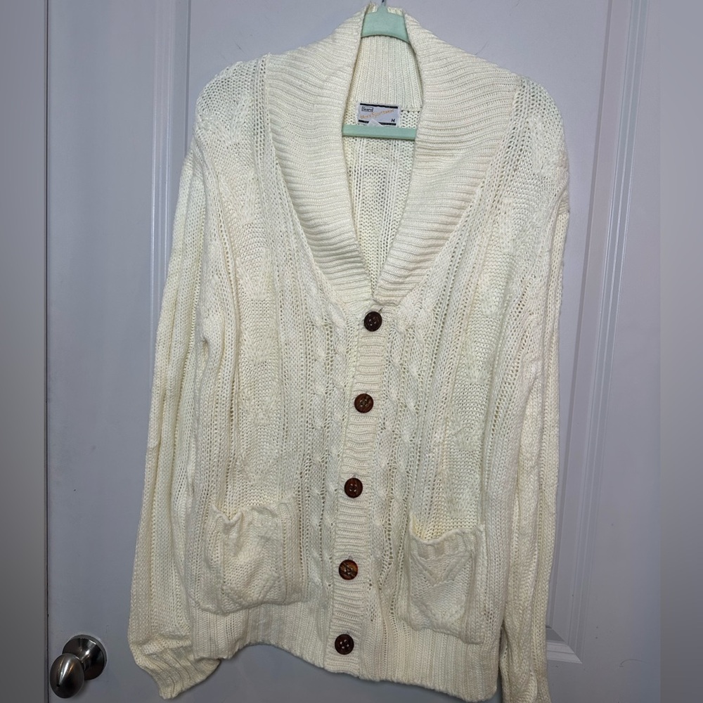 Vintage 60’s Sears Sportwear Cream Cableknit Wooden Button Long Line Cardigan, M